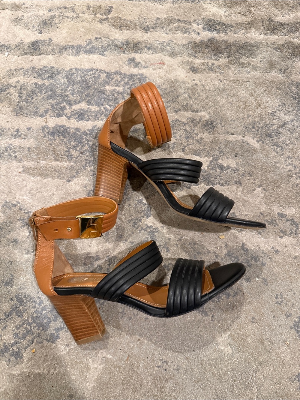 Two-Tone Black and Tan Strappy Block Heel Sandals